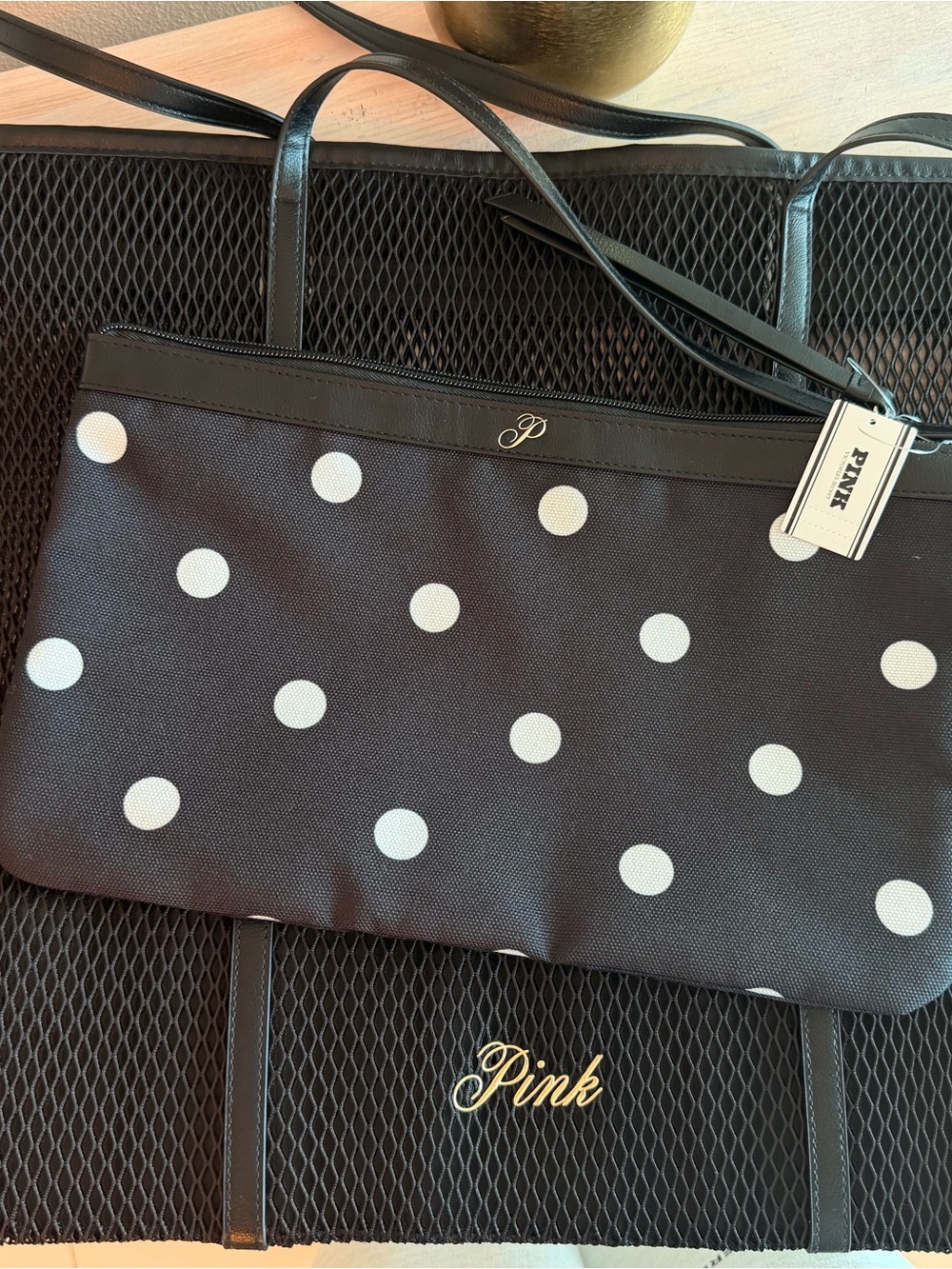 PINK Victoria's Secret Black Tote with White Polka Dots